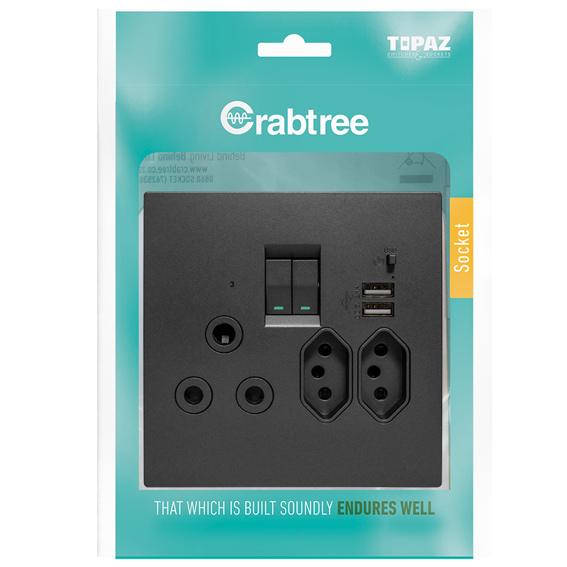 Crabtree USB Combination Socket (USB 2.1A, 5V, Switched) Complete with Coverplate | 15231/249P