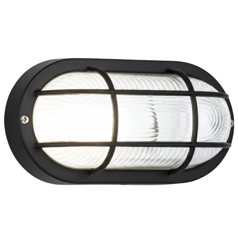 BH028 BLACK Bright Star PVC BULKHEAD CLEAR GLASS OVAL GRID IP54 40W ES