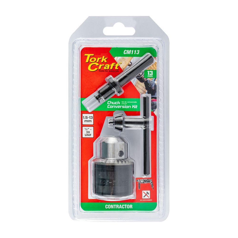 Torkcraft 13mm Heavy-Duty Keyed Drill Chuck Set with SDS Plus Adaptor & Tightening Key (1/2" x 20 UNF Thread)