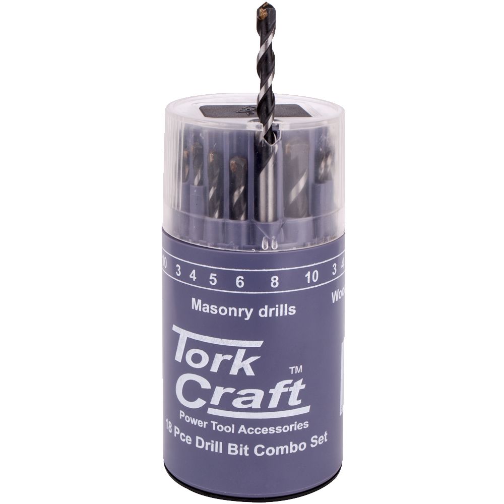 Tork Craft 18-Piece Combination Drill Bit Set for Wood, Steel & Masonry with Storage Container