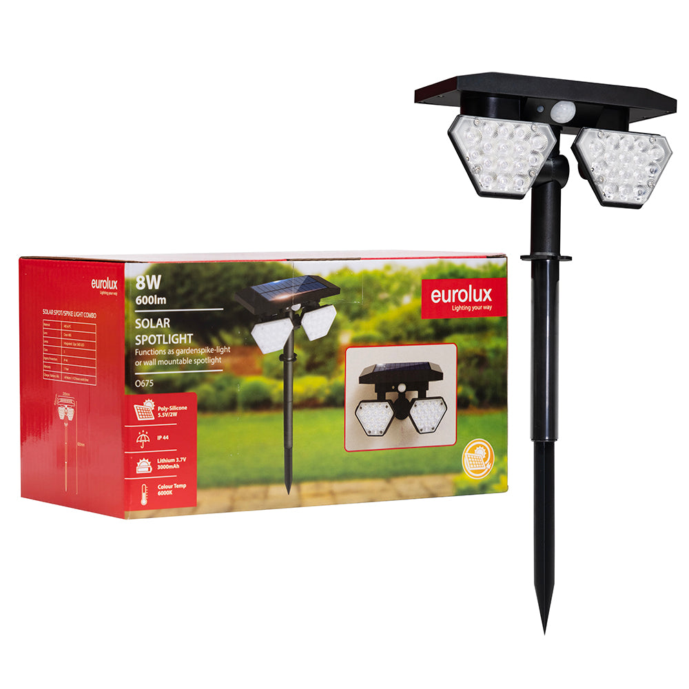 Eurolux Solar Spot/Spike Light Combo 8W Integrated LED (Black, 6000K, IP44) – O675