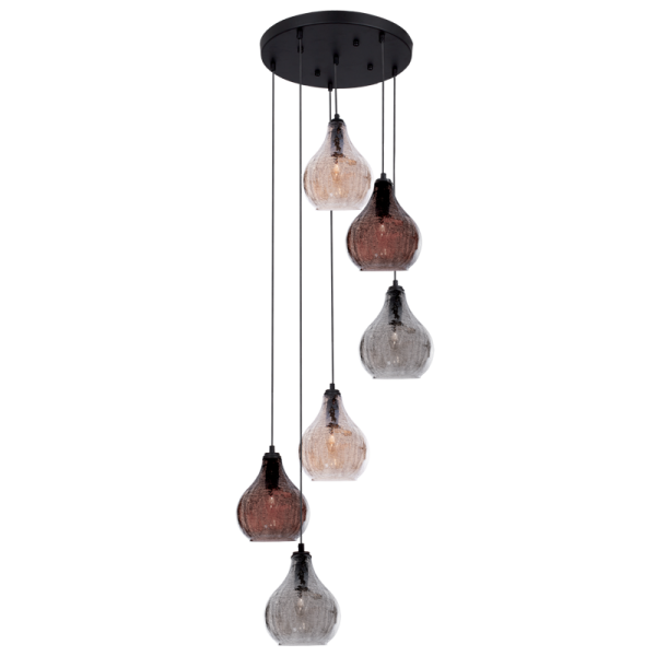 PEN369 Bright Star BLACK 6 LIGHT PENDANT AMBER,SMOKE,BRASS GLASS 6X40W SES