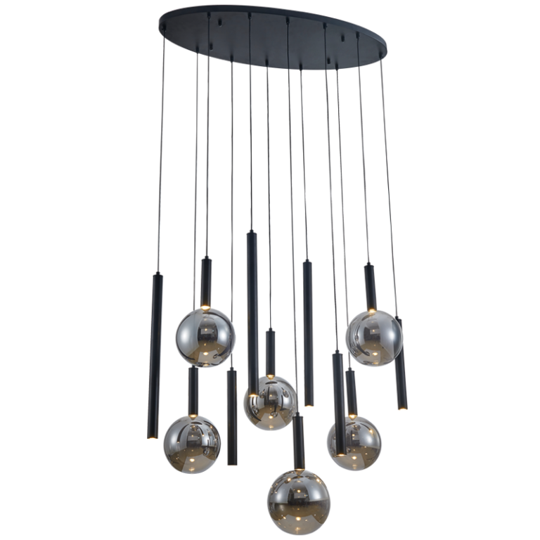 PEN824/12 Bright Star BK/SMOKE 6+6 x G9 METAL & GLASS PENDANT