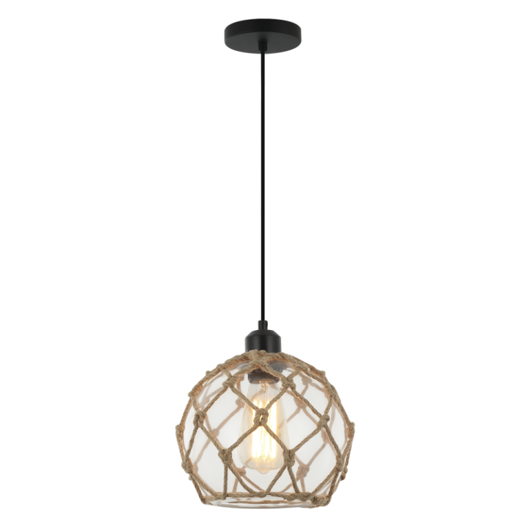 PEN846 Bright Star BLACK METAL PENDANT CLEAR GLASS AND ROPE 1X40W ES
