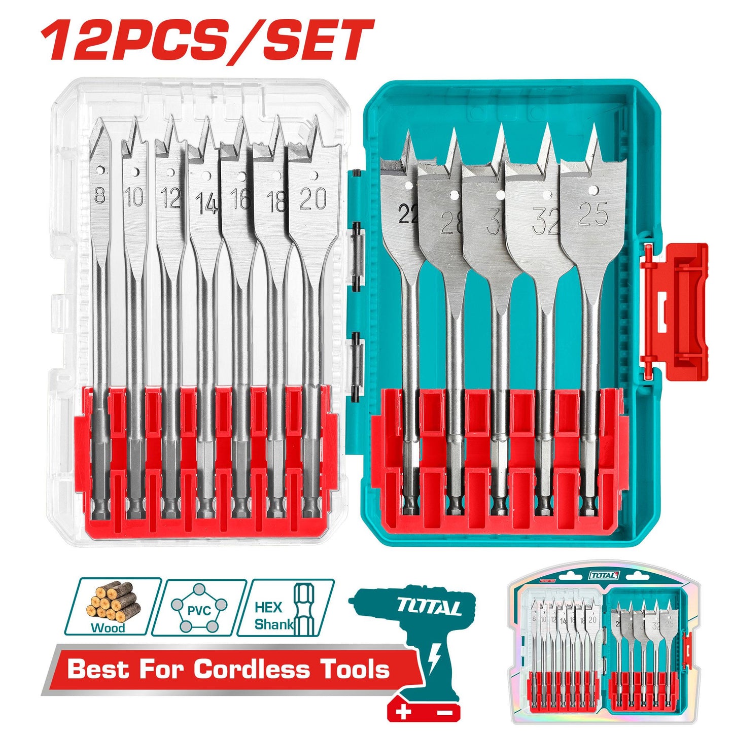 Total 12 Pcs Flat Wood Drill Bits Set 8-32Mm With Case Professional TACSDL1206