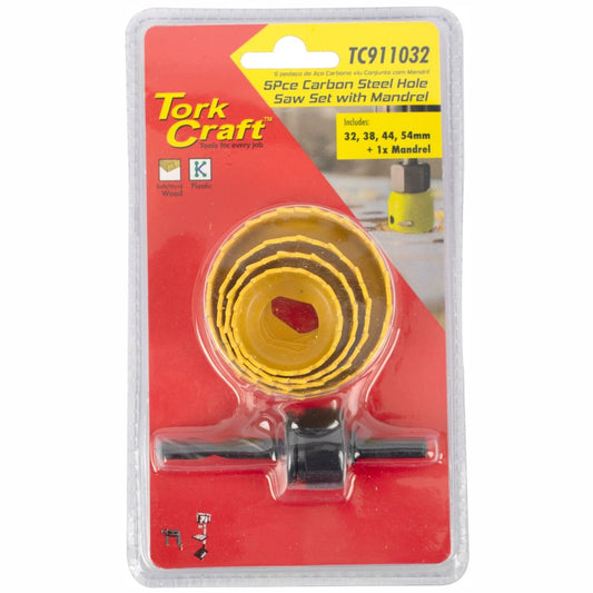 Tork Craft 5-Piece Carbon Steel Hole Saw Set with Arbor & Pilot Drill – TC911032