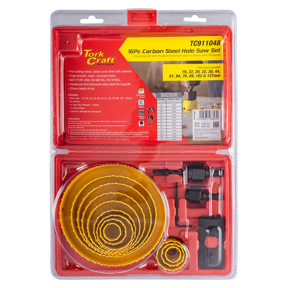 Tork Craft 16-Piece Carbon Steel Hole Saw Set (19mm – 127mm) – TC911048