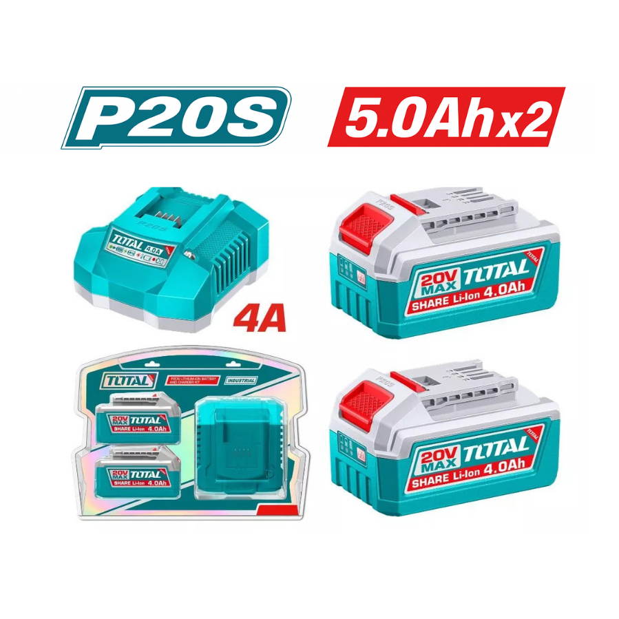 Total 20v P20s 4.0ah X2pcs Lithium-ion Battery And 4.0ah Charger Kit Tfbcpk2013