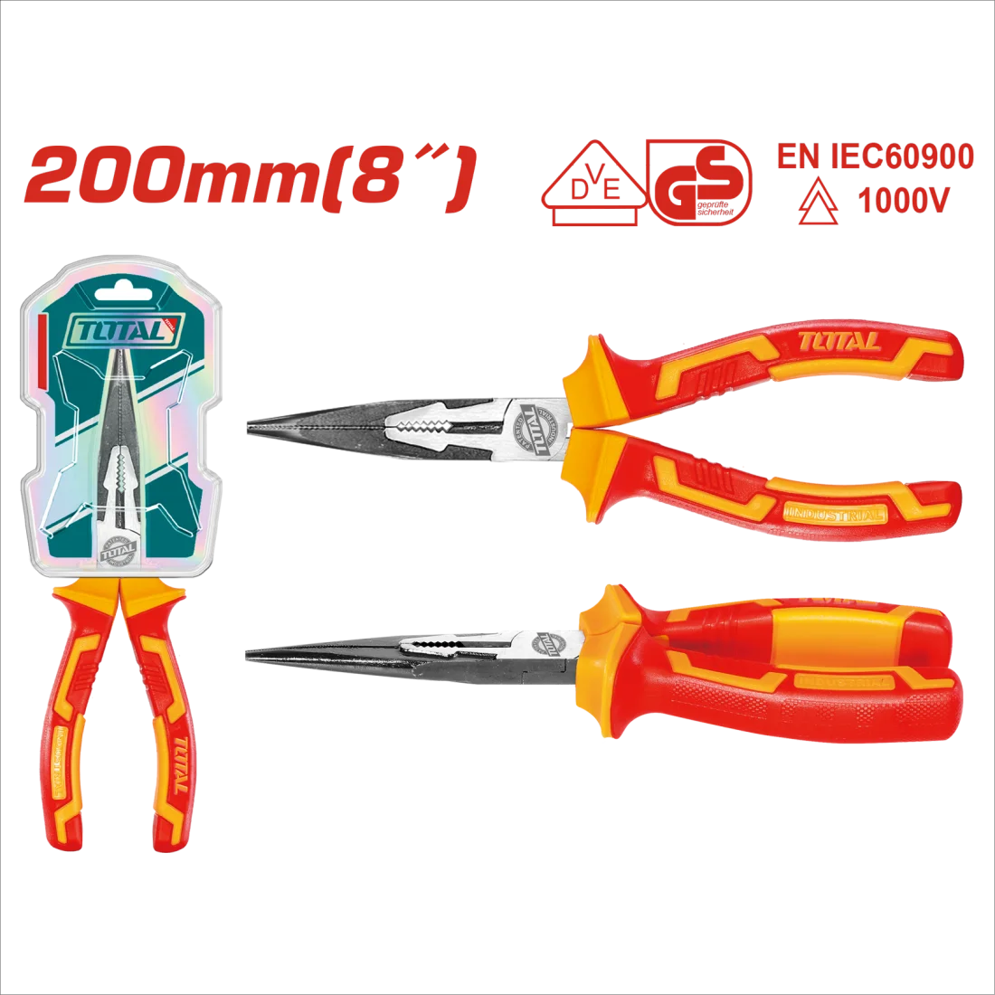 Total Insulated 1000V Long Nose Pliers 8"/200Mm Professional THTIP2381