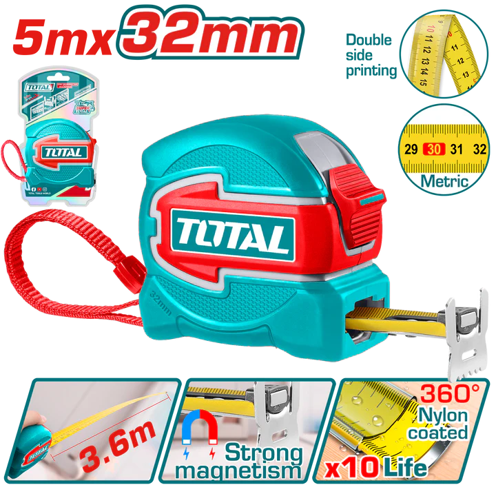 Total 5M Steel Measuring Tape With 32Mm Wide Double Sided Blade Professional TMT80532M