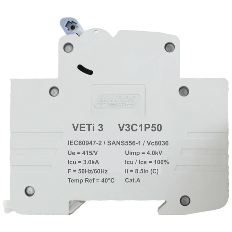 50A Single Pole Miniature Circuit Breaker (MCB) | C-Curve | 3kA | VETi