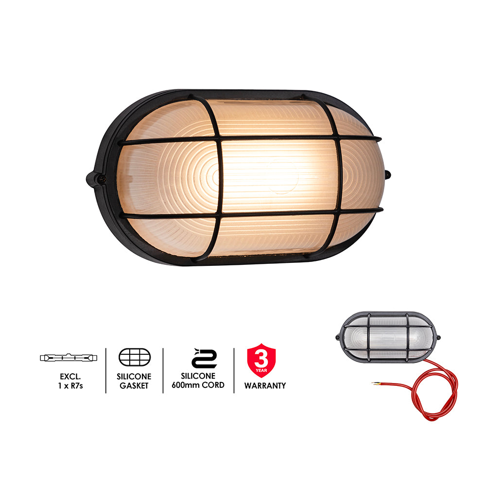 Eurolux Small Oval Die-Cast Aluminium Braai Light Bulkhead (Black, IP44) – B302