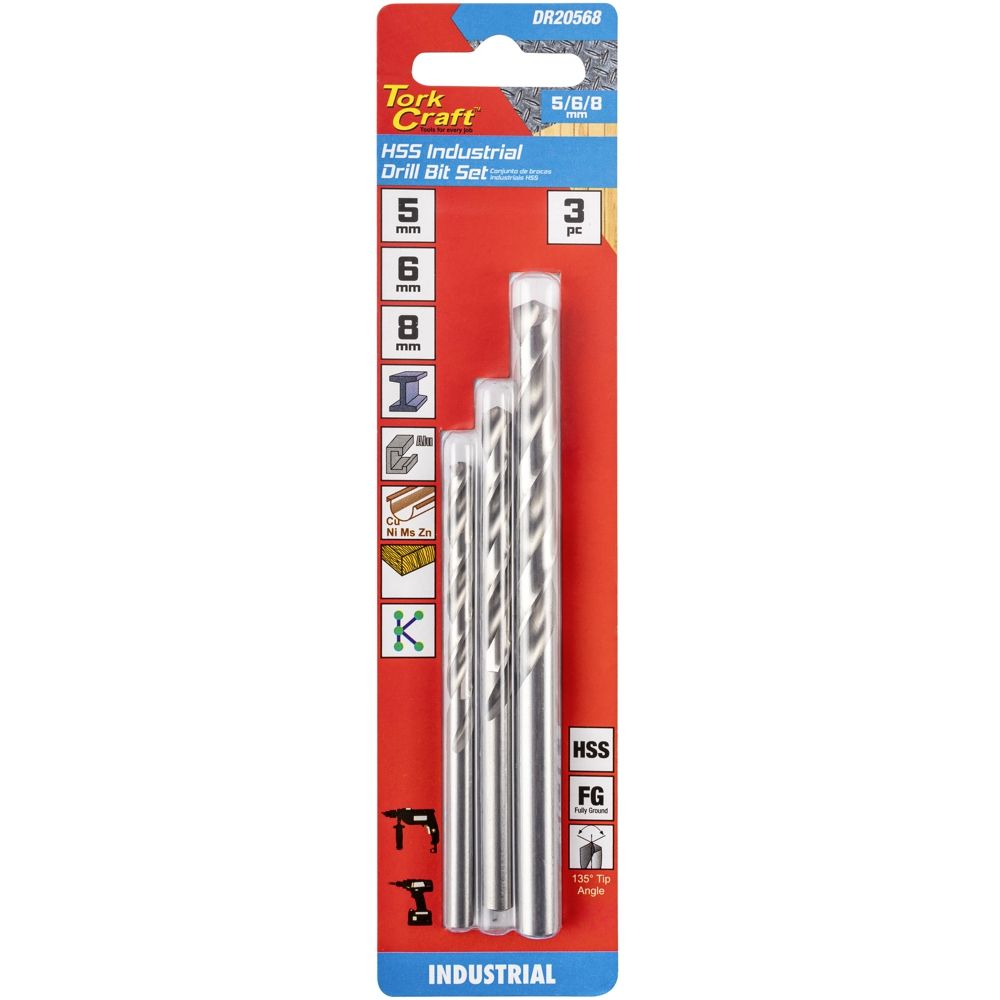 Tork Craft 3-Piece Industrial HSS Fully Ground Drill Bit Set (5mm, 6mm, 8mm) – DR20568