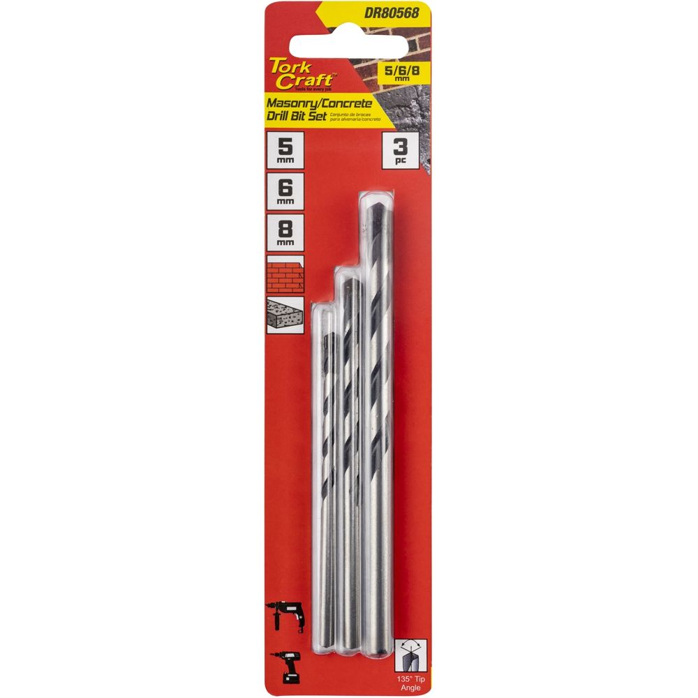 Tork Craft 3-Piece Carbide-Tipped Masonry & Concrete Drill Bit Set (5mm, 6mm, 8mm) – DR80568