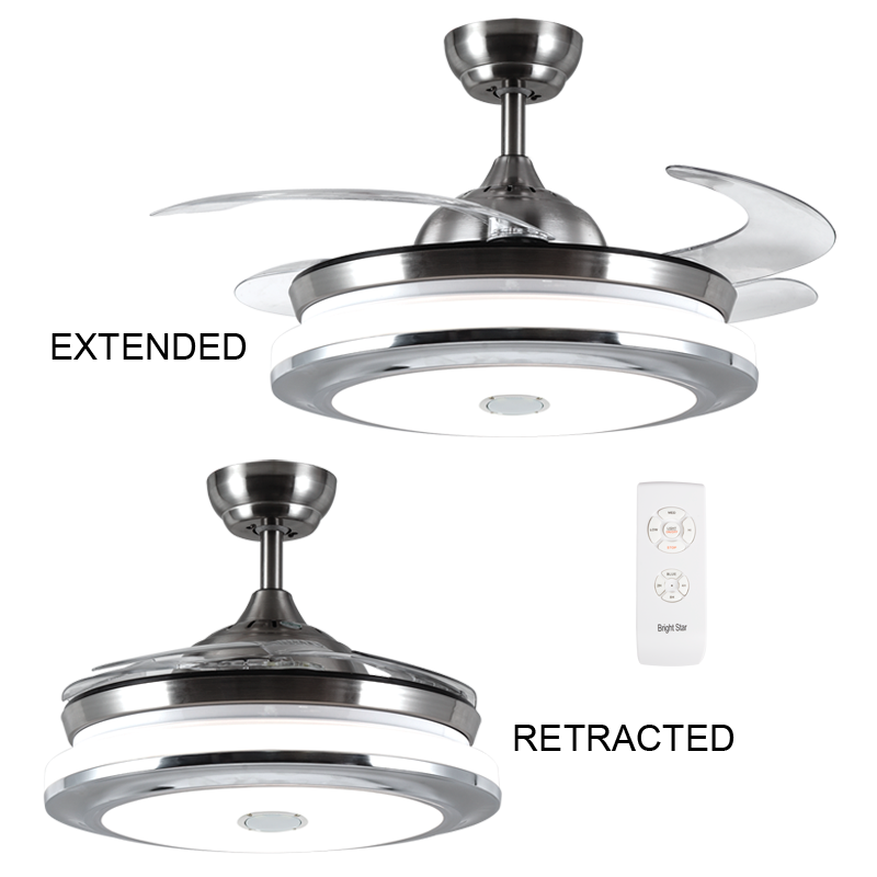 Brightstar Lighting Satin Nickel Retractable Ceiling Fan with Bluetooth Speaker