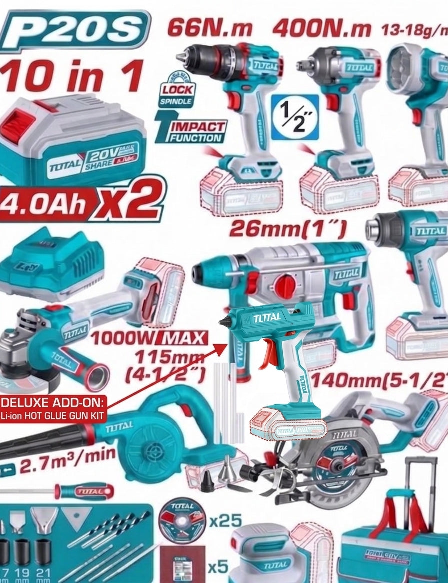 TOTAL 20V 10-Piece Cordless Tool Combo Kit (Brushless) RCP-TOSLI250000 + 2x 4.0Ah Batteries & Trolley Bag