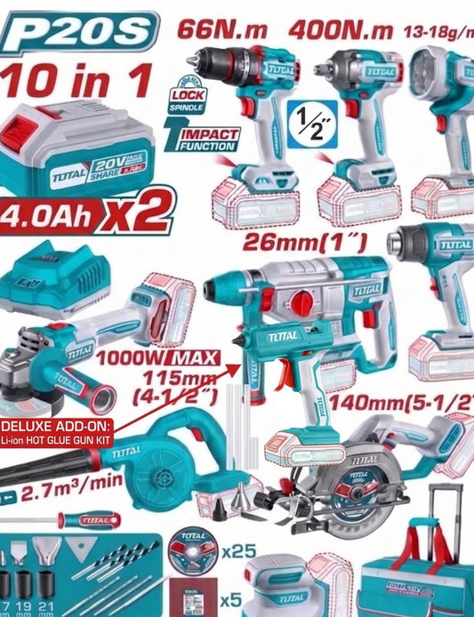 TOTAL 20V 10-Piece Cordless Tool Combo Kit (Brushless) RCP-TOSLI250000 + 2x 4.0Ah Batteries & Trolley Bag