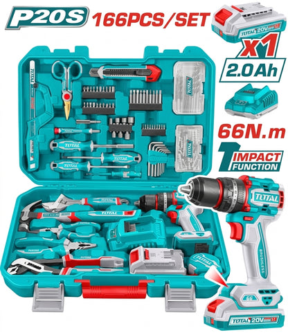 TOTAL 20V Brushless Impact Drill & 166-Piece Tool Set Kit - THKTHP41667