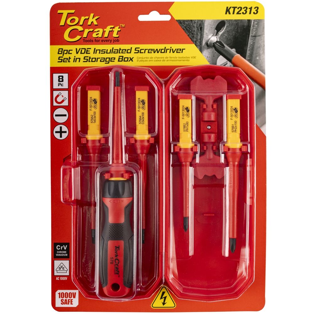 Tork Craft 8-Piece VDE Insulated Interchangeable Screwdriver Set with Cabinet Lock Keys & Case – KT2313