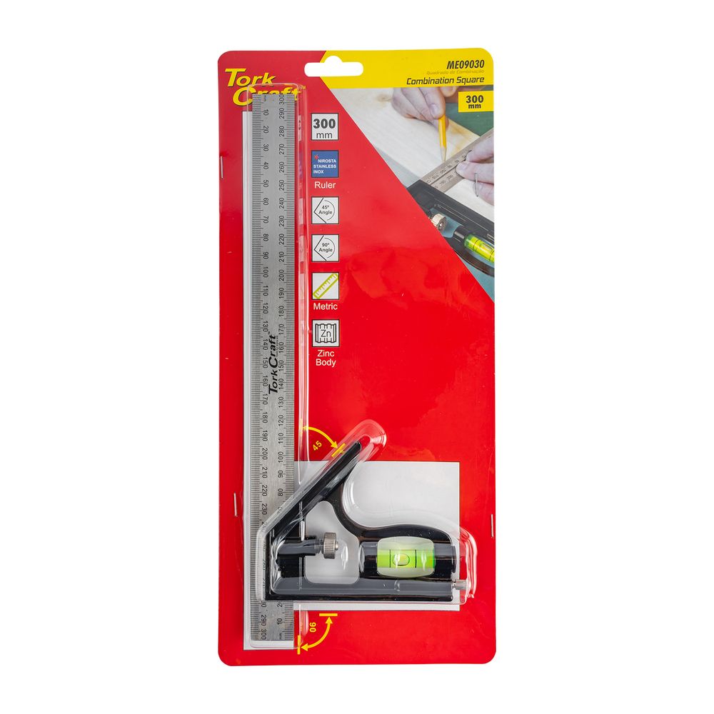 Tork Craft 300mm Professional Combination Square with Stainless Steel Ruler & Integrated Spirit Level – ME09030