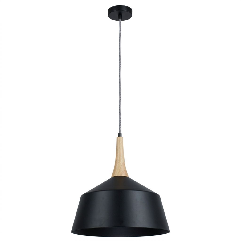 PEN393/1 Bright Star BLACK METAL AND WOOD PENDANT 1X60W ES