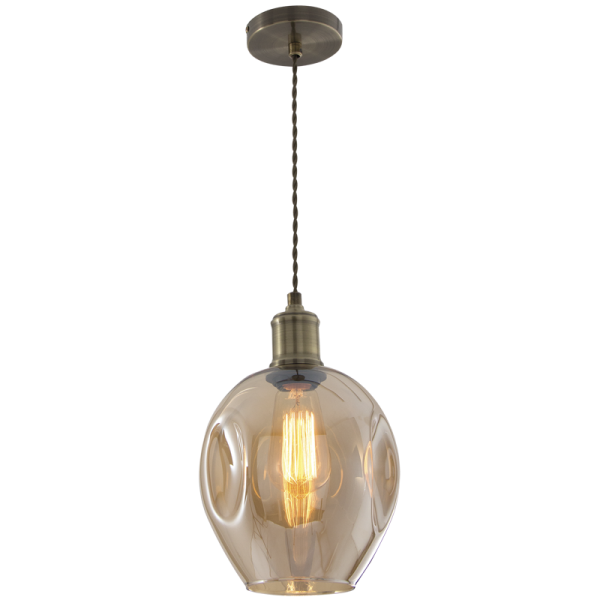 PEN612 Bright Star AMBER ANTIQUE BRASS PENDANT & AMBER GLASS 1X60W ES 180MM