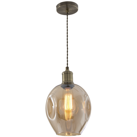 PEN612 Bright Star AMBER ANTIQUE BRASS PENDANT & AMBER GLASS 1X60W ES 180MM