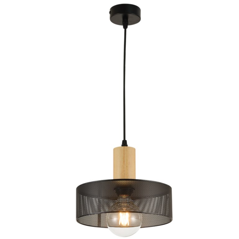 PEN837 Bright Star BLACK BLACK MESH METAL & WOOD PENDANT 1X40W ES 250MM