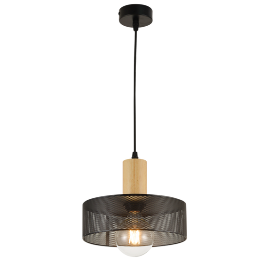 PEN837 Bright Star BLACK BLACK MESH METAL & WOOD PENDANT 1X40W ES 250MM