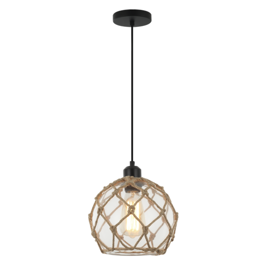 PEN846 Bright Star BLACK METAL PENDANT CLEAR GLASS AND ROPE 1X40W ES