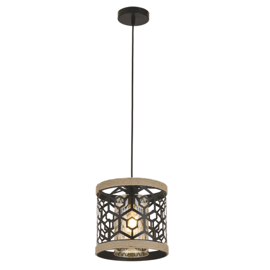 PEN860 Bright Star ROPE BLACK METAL ROPE PENDANT AMBER INNER GLS 1X40W ES