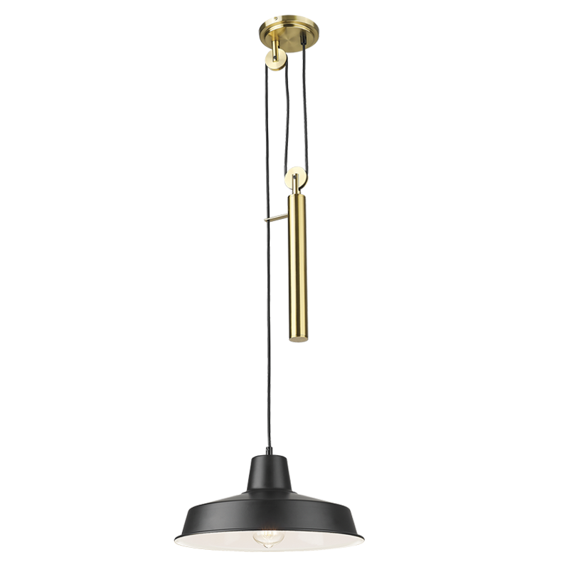 PEN872 Bright Star BRASS/BK BLK METAL PENDANT WHITE INNER ANTIQUE PULLY 1X40W