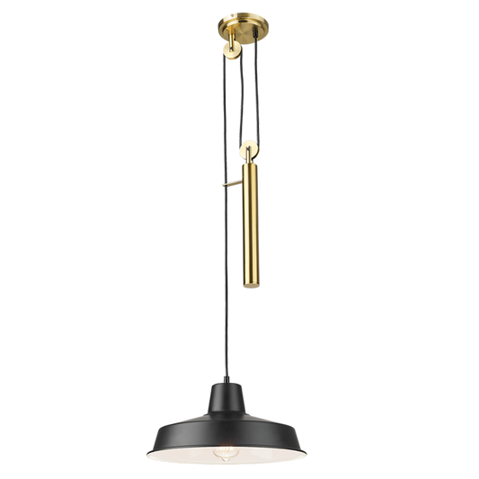 PEN872 Bright Star BRASS/BK BLK METAL PENDANT WHITE INNER ANTIQUE PULLY 1X40W