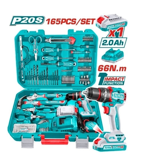 TOTAL 20V Cordless Drill +Battery+ Charger+ Case with Hand Tools 165pc Tool Set