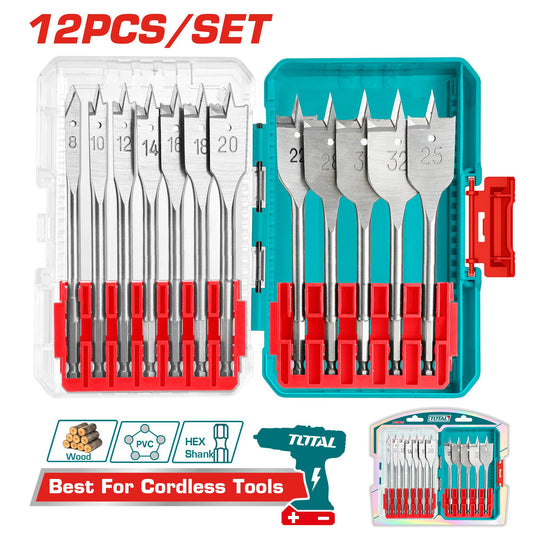 Total 12 Pcs Flat Wood Drill Bits Set 8-32Mm With Case Professional TACSDL1206