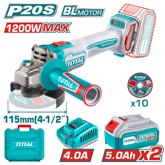 TOTAL 20V 115mm Cordless Angle Grinder Set (1200W Max) - TAGLI2211532