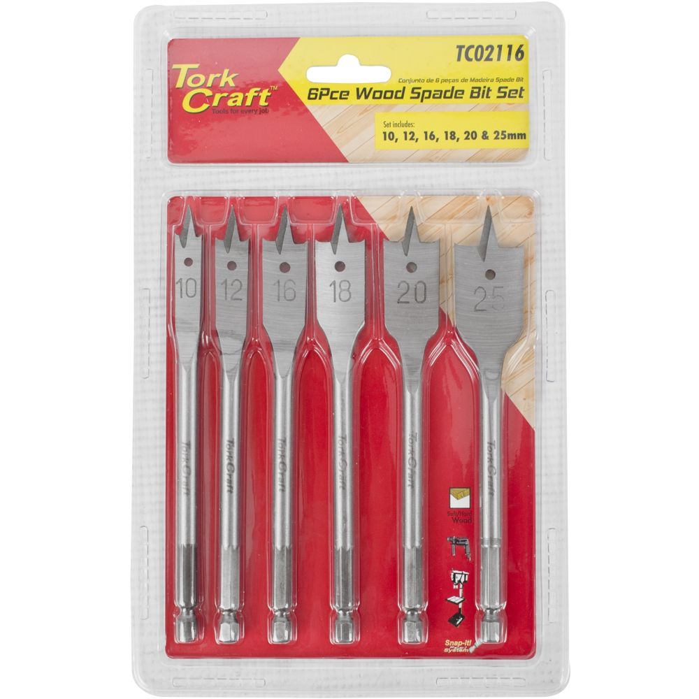 Tork Craft 6-Piece Metric Wood Spade Drill Bit Set (10mm – 25mm) – TC02116