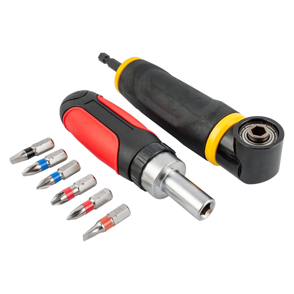 Tork Craft 90° Right Angle Drive Adapter with Ratchet & 6-Piece Bit Set (1/4" Hex Shank)