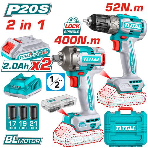 Total 20v P20s Cordless 2in1 400n.m Impact Wrench & 52n.m Impact Drill Combo Kit Tckli20271