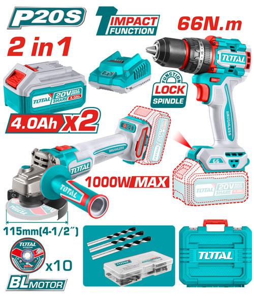 Total 20v P20s Cordless 2in1 66n.m Impact Drill & 1000v Angle Grinder Combo Kit Tckli20273