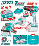 Total 20v P20s Cordless 2in1 66n.m Impact Drill & 1000v Angle Grinder Combo Kit Tckli20273
