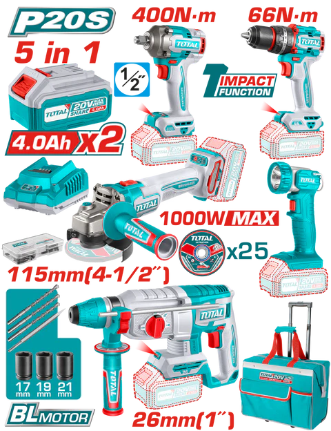Total 20v P20s 5in1 Cordless 5pcs Combo Kit Tckli20592