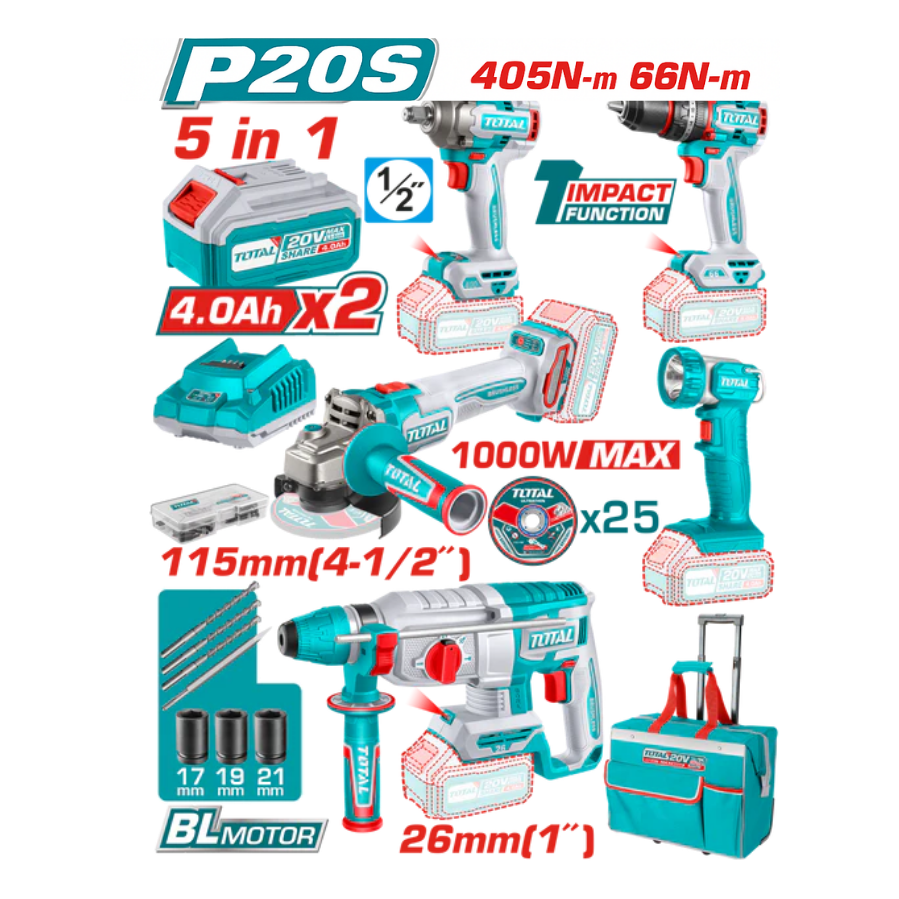 Total 20v P20s 5in1 Cordless 5pcs Combo Kit Tckli20595