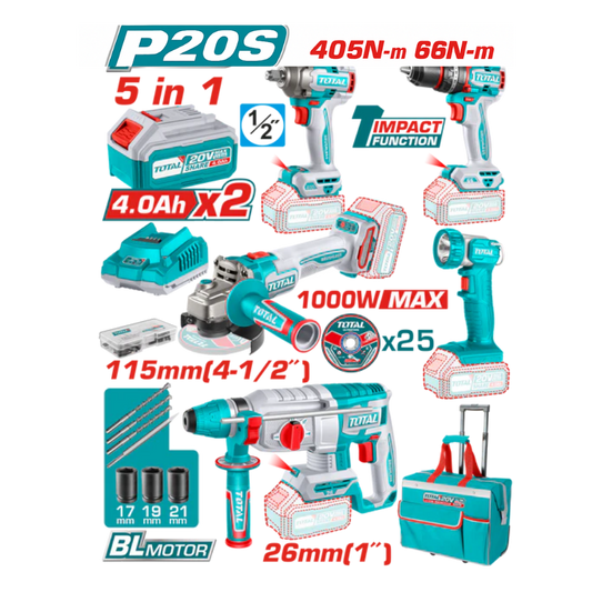 Total 20v P20s 5in1 Cordless 5pcs Combo Kit Tckli20595