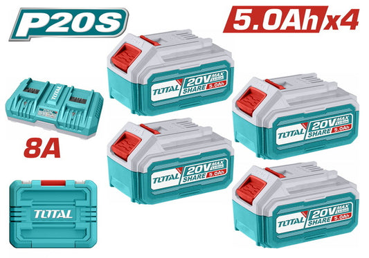 Total 20v P20s 5.0ah X4pcs Lithium-ion Batteries And Dual Individual Sequential Charger Kit With Case Tfbcli20285