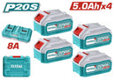 Total 20v P20s 5.0ah X4pcs Lithium-ion Batteries And Dual Individual Sequential Charger Kit With Case Tfbcli20285