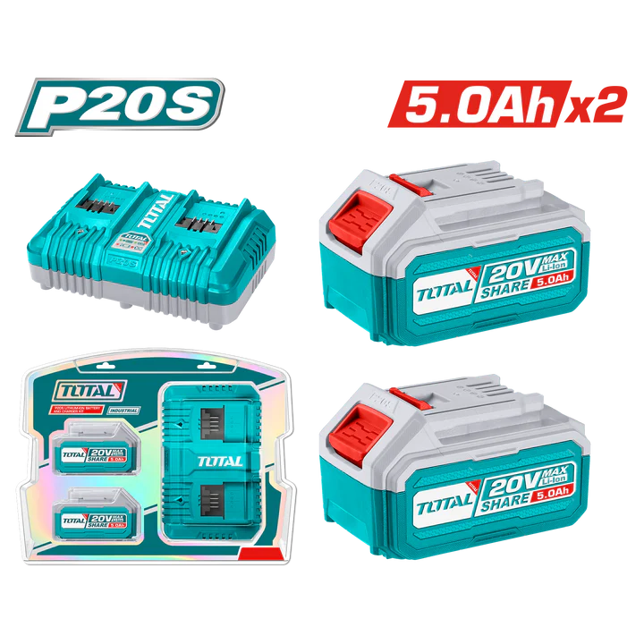 Total 20v P20s 5.0ah X2pcs Lithium-ion Battery And Dual Simultaneous 4.0ah Charger Kit Tfbcpk2425