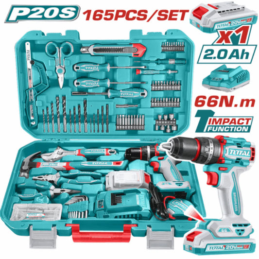 Total 165pc 66n.m Cordless Impact Drill & Hand Tool Combo Kit Thkthp11652