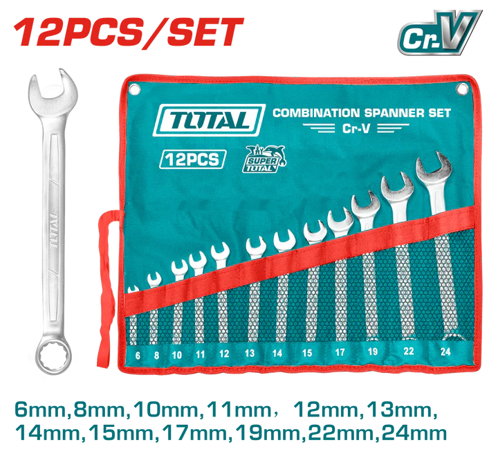 Total 12 Pcs Combination Spanner Set 6-24Mm With Pouch Professional THT1022121