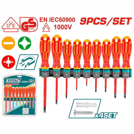 Total 9 Pcs 1000V Insulated Screwdriver Set With Wall Bracket Professional THTIS596